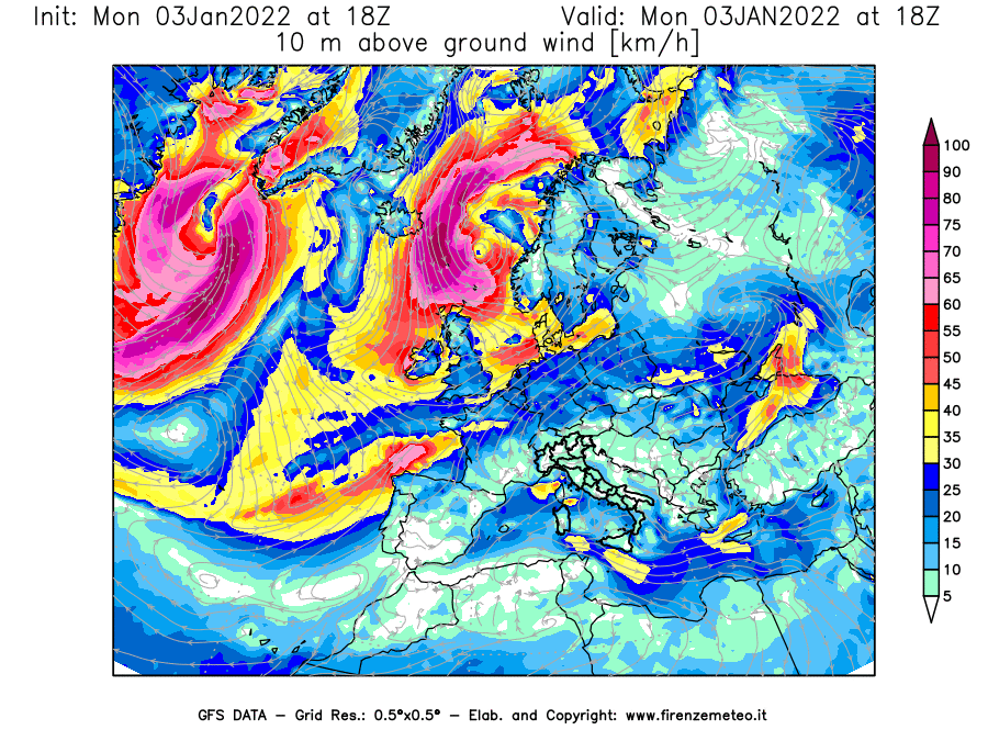 Mappa di analisi GFS - Velocità del vento a 10 metri dal suolo [km/h] in Europa
							del 03/01/2022 18 <!--googleoff: index-->UTC<!--googleon: index-->