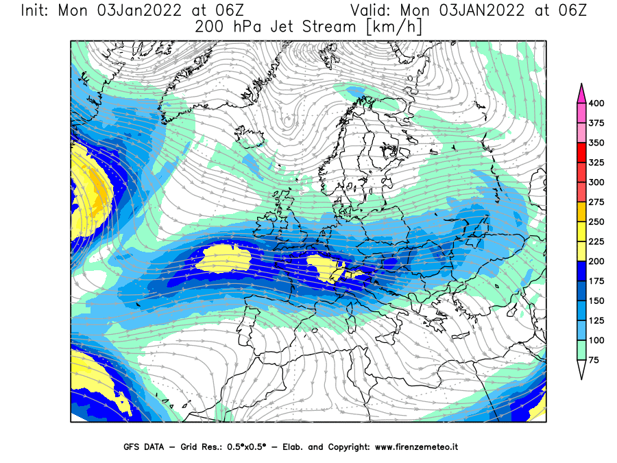 Mappa di analisi GFS - Jet Stream a 200 hPa in Europa
							del 03/01/2022 06 <!--googleoff: index-->UTC<!--googleon: index-->