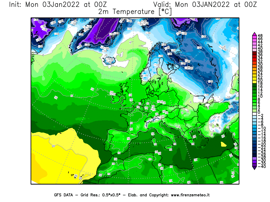 Mappa di analisi GFS - Temperatura a 2 metri dal suolo [°C] in Europa
							del 03/01/2022 00 <!--googleoff: index-->UTC<!--googleon: index-->