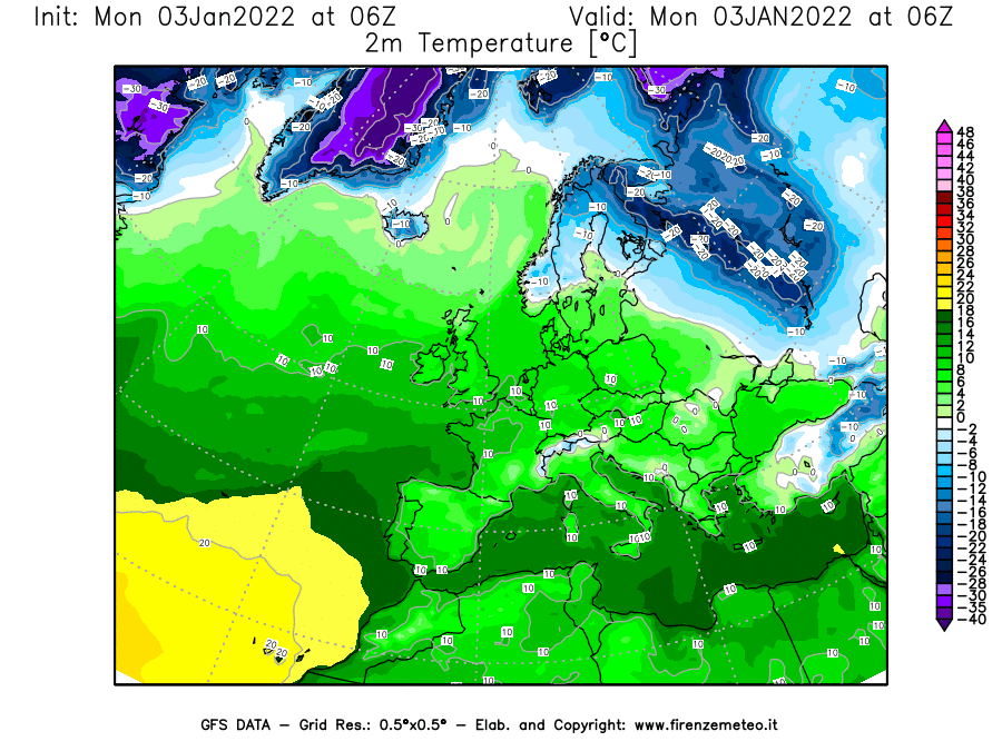 Mappa di analisi GFS - Temperatura a 2 metri dal suolo [°C] in Europa
							del 03/01/2022 06 <!--googleoff: index-->UTC<!--googleon: index-->