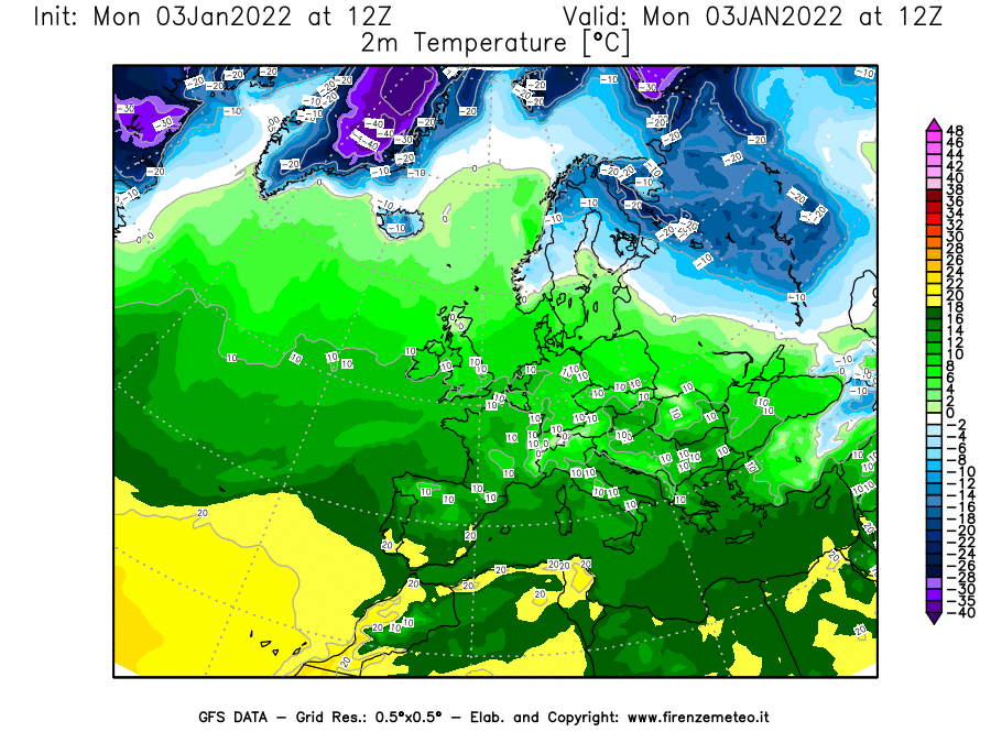 Mappa di analisi GFS - Temperatura a 2 metri dal suolo [°C] in Europa
							del 03/01/2022 12 <!--googleoff: index-->UTC<!--googleon: index-->