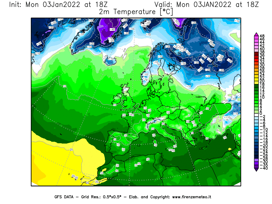 Mappa di analisi GFS - Temperatura a 2 metri dal suolo [°C] in Europa
							del 03/01/2022 18 <!--googleoff: index-->UTC<!--googleon: index-->