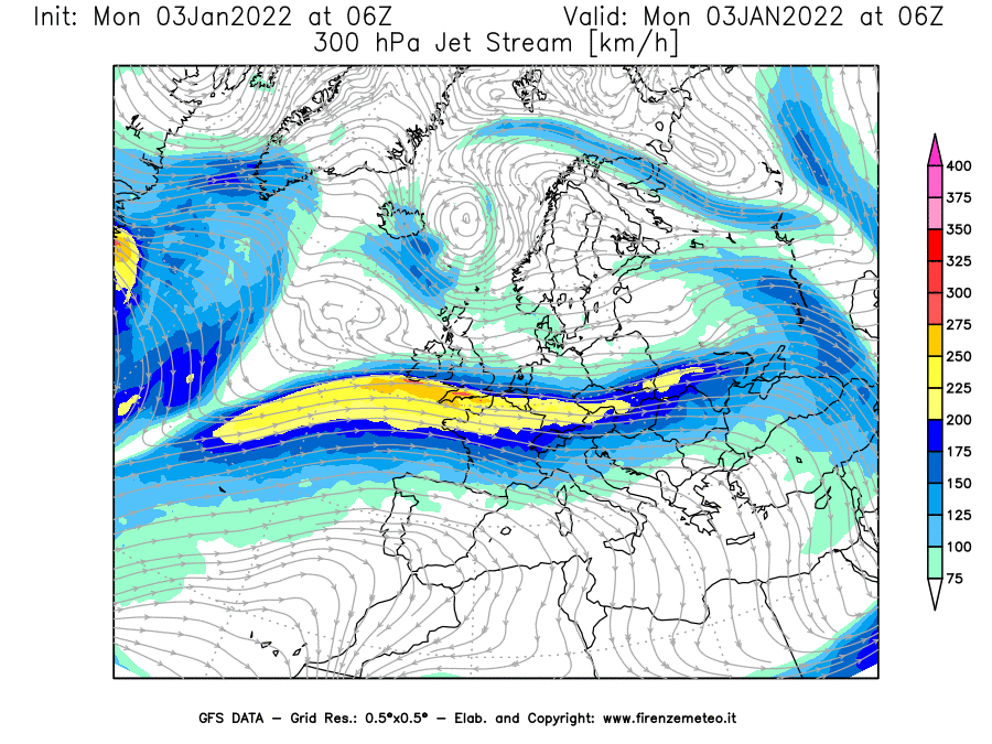 Mappa di analisi GFS - Jet Stream a 300 hPa in Europa
							del 03/01/2022 06 <!--googleoff: index-->UTC<!--googleon: index-->