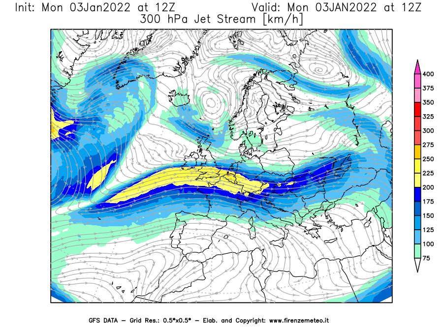 Mappa di analisi GFS - Jet Stream a 300 hPa in Europa
							del 03/01/2022 12 <!--googleoff: index-->UTC<!--googleon: index-->