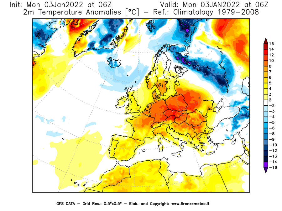 Mappa di analisi GFS - Anomalia Temperatura [°C] a 2 m in Europa
							del 03/01/2022 06 <!--googleoff: index-->UTC<!--googleon: index-->