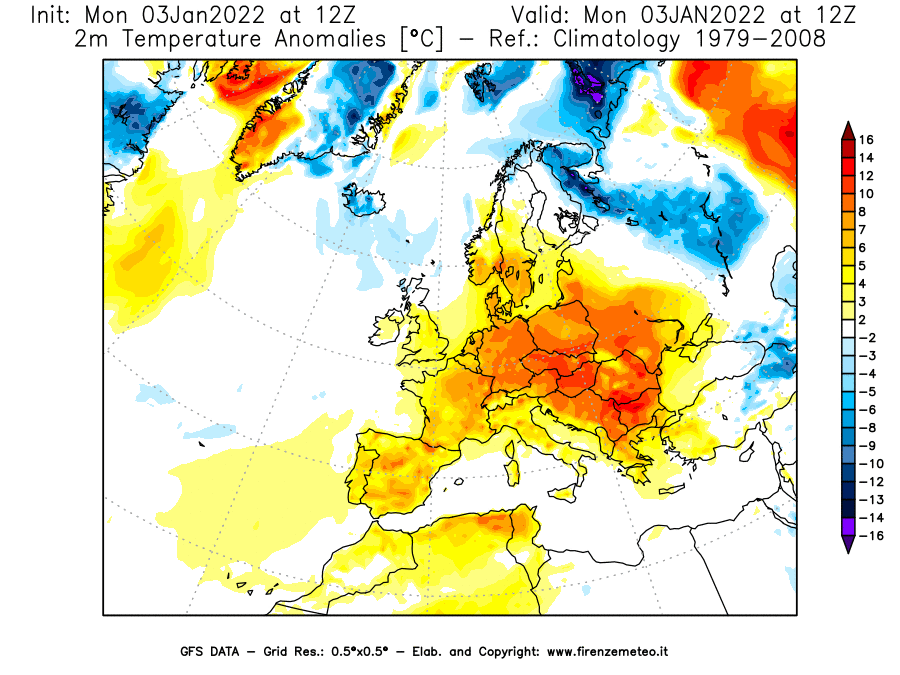 Mappa di analisi GFS - Anomalia Temperatura [°C] a 2 m in Europa
							del 03/01/2022 12 <!--googleoff: index-->UTC<!--googleon: index-->