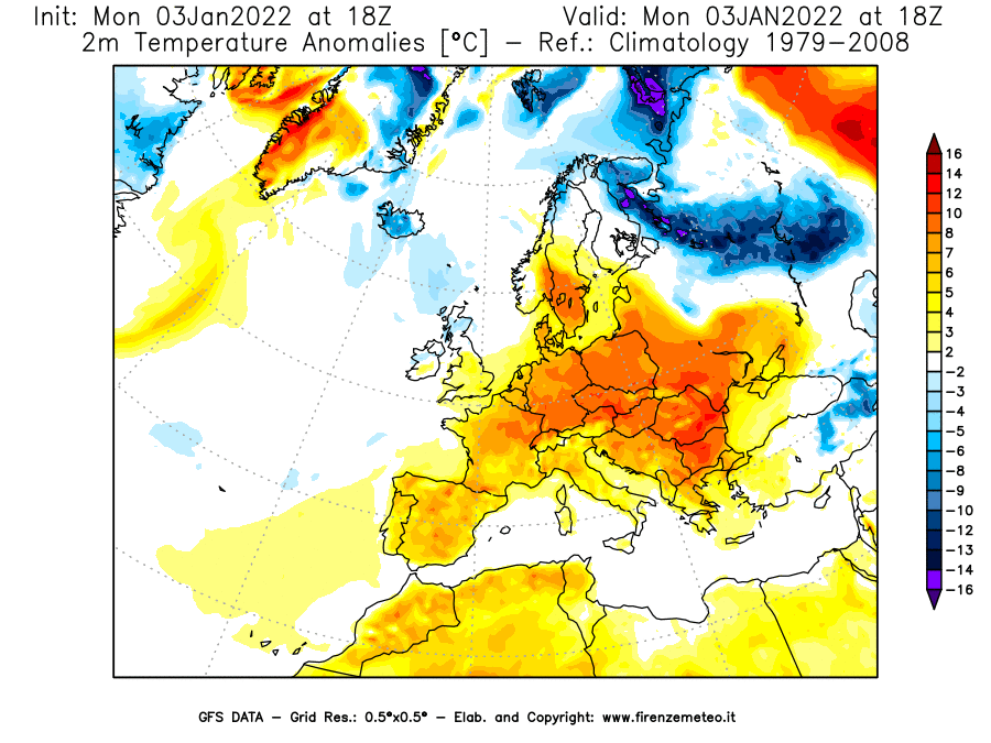Mappa di analisi GFS - Anomalia Temperatura [°C] a 2 m in Europa
							del 03/01/2022 18 <!--googleoff: index-->UTC<!--googleon: index-->