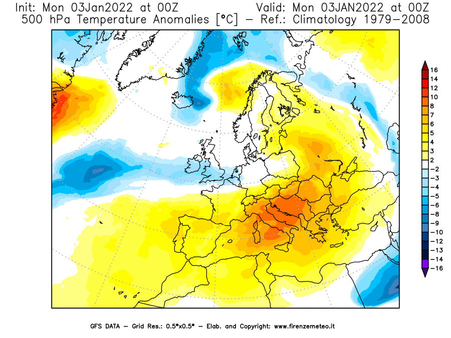Mappa di analisi GFS - Anomalia Temperatura [°C] a 500 hPa in Europa
							del 03/01/2022 00 <!--googleoff: index-->UTC<!--googleon: index-->