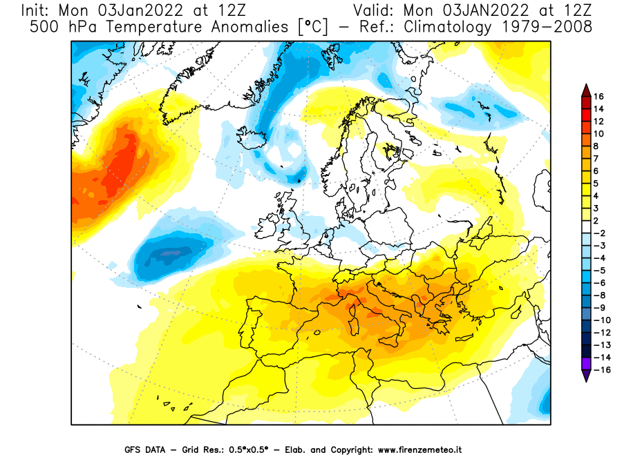 Mappa di analisi GFS - Anomalia Temperatura [°C] a 500 hPa in Europa
							del 03/01/2022 12 <!--googleoff: index-->UTC<!--googleon: index-->