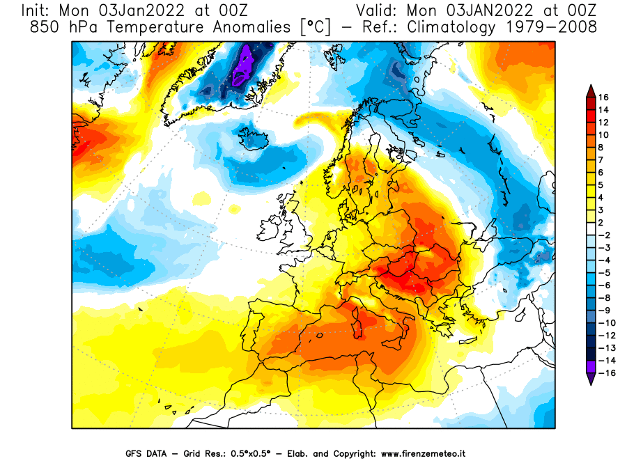 Mappa di analisi GFS - Anomalia Temperatura [°C] a 850 hPa in Europa
							del 03/01/2022 00 <!--googleoff: index-->UTC<!--googleon: index-->