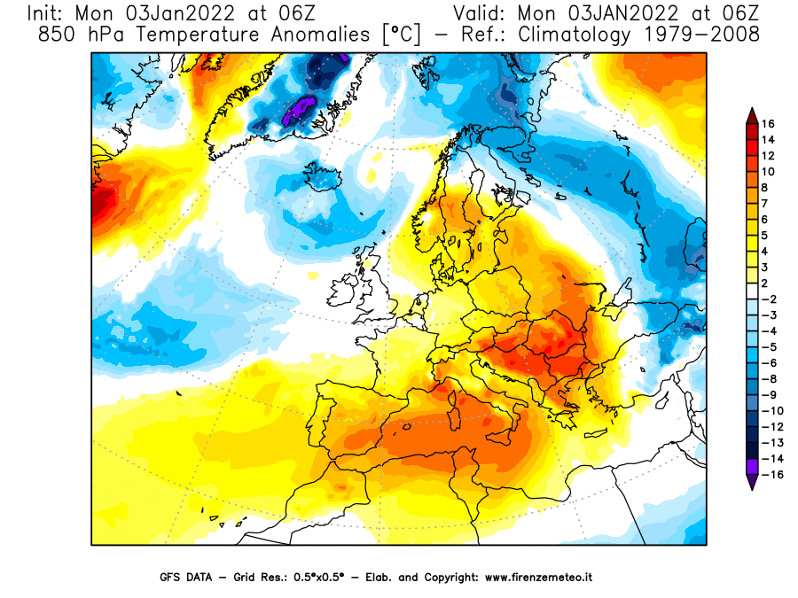 Mappa di analisi GFS - Anomalia Temperatura [°C] a 850 hPa in Europa
							del 03/01/2022 06 <!--googleoff: index-->UTC<!--googleon: index-->