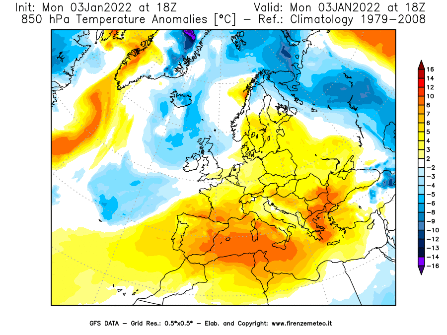 Mappa di analisi GFS - Anomalia Temperatura [°C] a 850 hPa in Europa
							del 03/01/2022 18 <!--googleoff: index-->UTC<!--googleon: index-->
