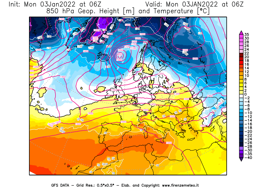 Mappa di analisi GFS - Geopotenziale [m] e Temperatura [°C] a 850 hPa in Europa
							del 03/01/2022 06 <!--googleoff: index-->UTC<!--googleon: index-->