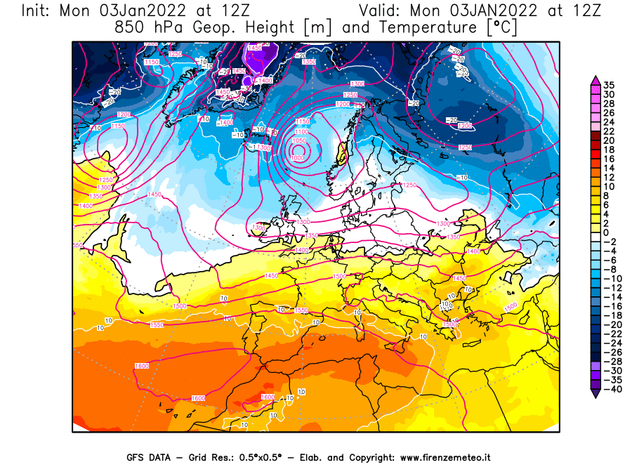 Mappa di analisi GFS - Geopotenziale [m] e Temperatura [°C] a 850 hPa in Europa
							del 03/01/2022 12 <!--googleoff: index-->UTC<!--googleon: index-->