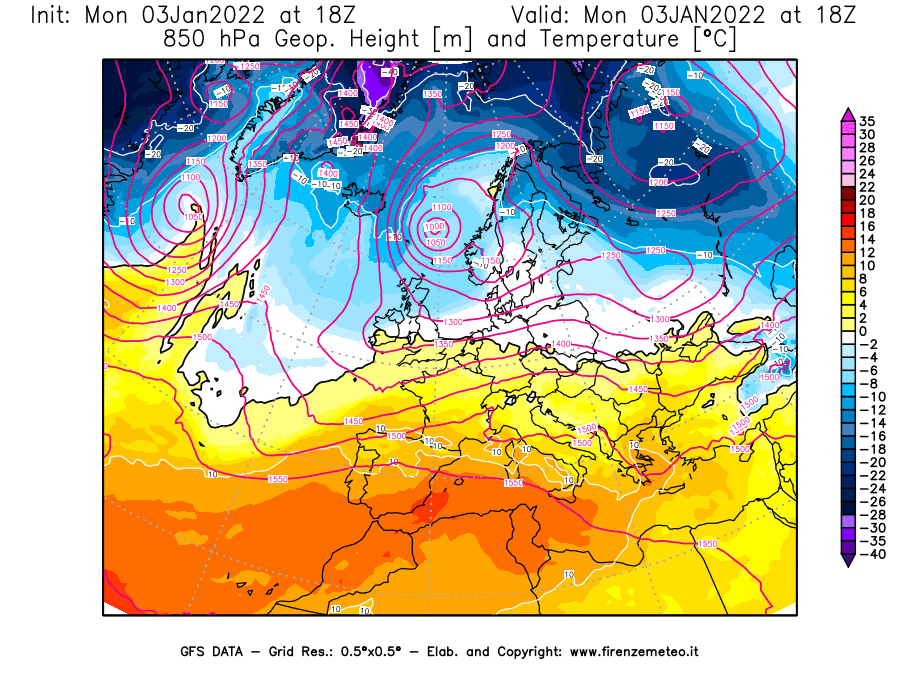 Mappa di analisi GFS - Geopotenziale [m] e Temperatura [°C] a 850 hPa in Europa
							del 03/01/2022 18 <!--googleoff: index-->UTC<!--googleon: index-->