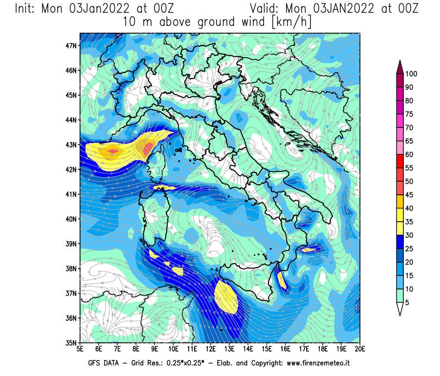 Mappa di analisi GFS - Velocità del vento a 10 metri dal suolo [km/h] in Italia
							del 03/01/2022 00 <!--googleoff: index-->UTC<!--googleon: index-->