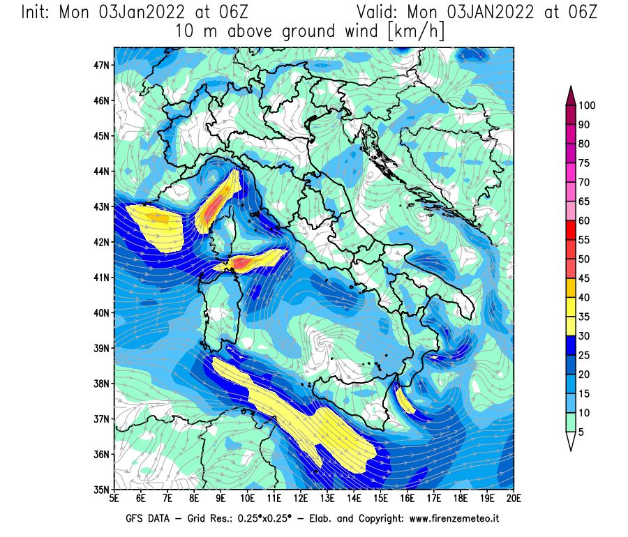 Mappa di analisi GFS - Velocità del vento a 10 metri dal suolo [km/h] in Italia
							del 03/01/2022 06 <!--googleoff: index-->UTC<!--googleon: index-->