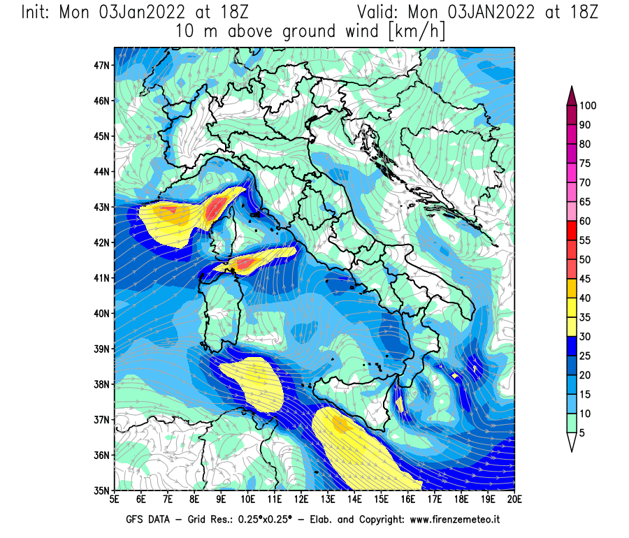 Mappa di analisi GFS - Velocità del vento a 10 metri dal suolo [km/h] in Italia
							del 03/01/2022 18 <!--googleoff: index-->UTC<!--googleon: index-->