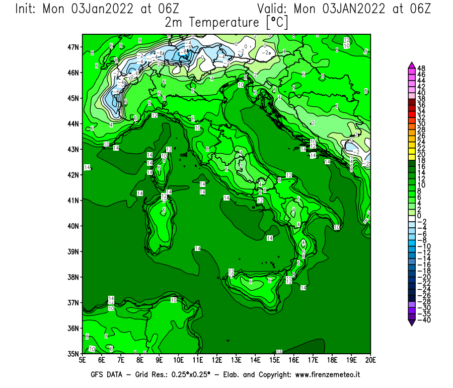 Mappa di analisi GFS - Temperatura a 2 metri dal suolo [°C] in Italia
							del 03/01/2022 06 <!--googleoff: index-->UTC<!--googleon: index-->