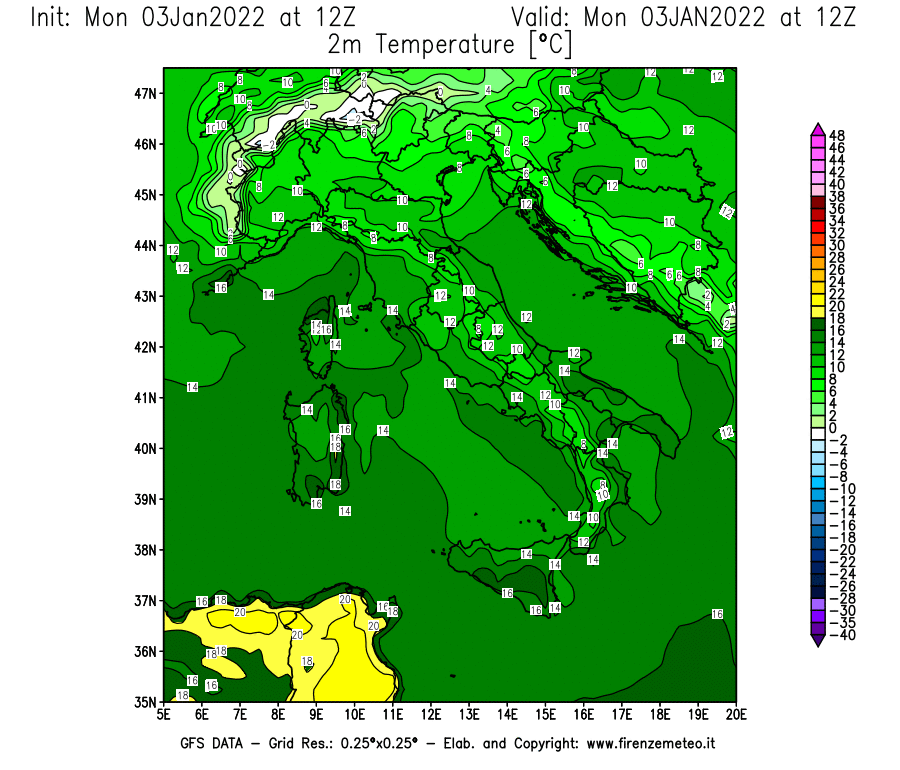 Mappa di analisi GFS - Temperatura a 2 metri dal suolo [°C] in Italia
							del 03/01/2022 12 <!--googleoff: index-->UTC<!--googleon: index-->
