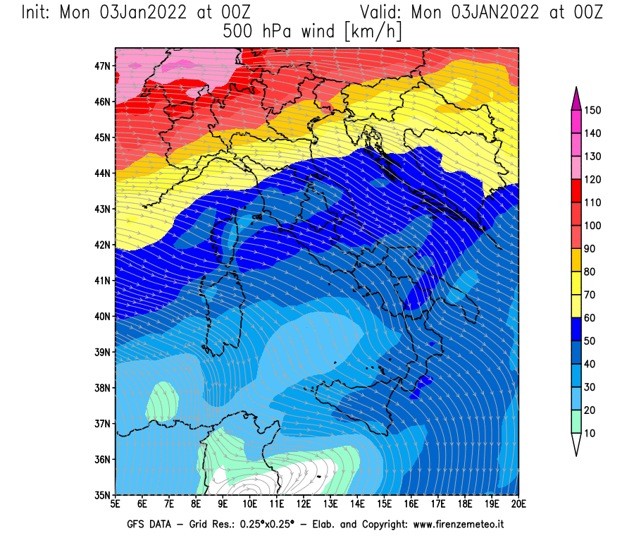 Mappa di analisi GFS - Velocità del vento a 500 hPa [km/h] in Italia
							del 03/01/2022 00 <!--googleoff: index-->UTC<!--googleon: index-->