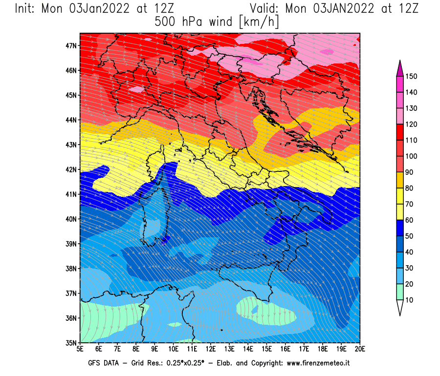 Mappa di analisi GFS - Velocità del vento a 500 hPa [km/h] in Italia
							del 03/01/2022 12 <!--googleoff: index-->UTC<!--googleon: index-->