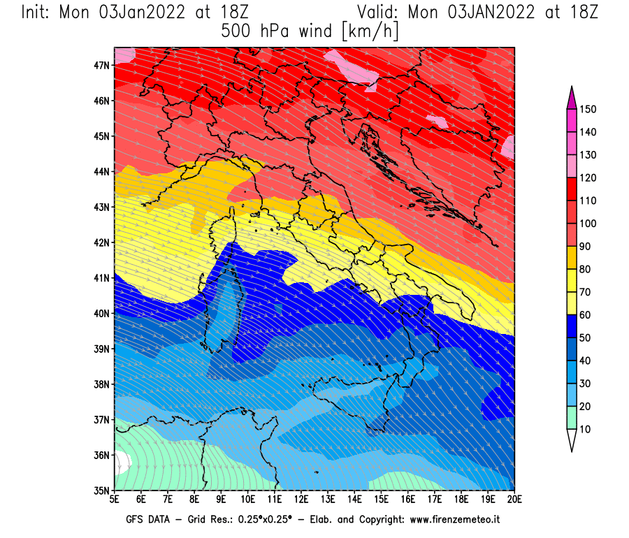 Mappa di analisi GFS - Velocità del vento a 500 hPa [km/h] in Italia
							del 03/01/2022 18 <!--googleoff: index-->UTC<!--googleon: index-->
