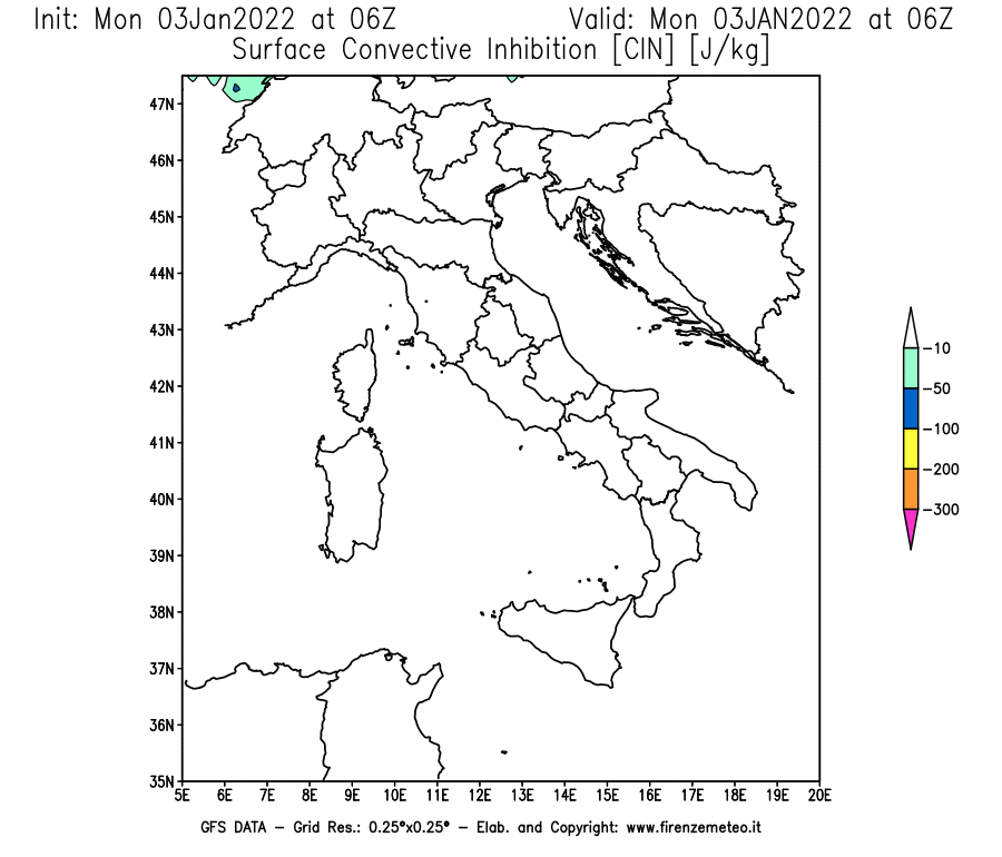 Mappa di analisi GFS - CIN [J/kg] in Italia
							del 03/01/2022 06 <!--googleoff: index-->UTC<!--googleon: index-->