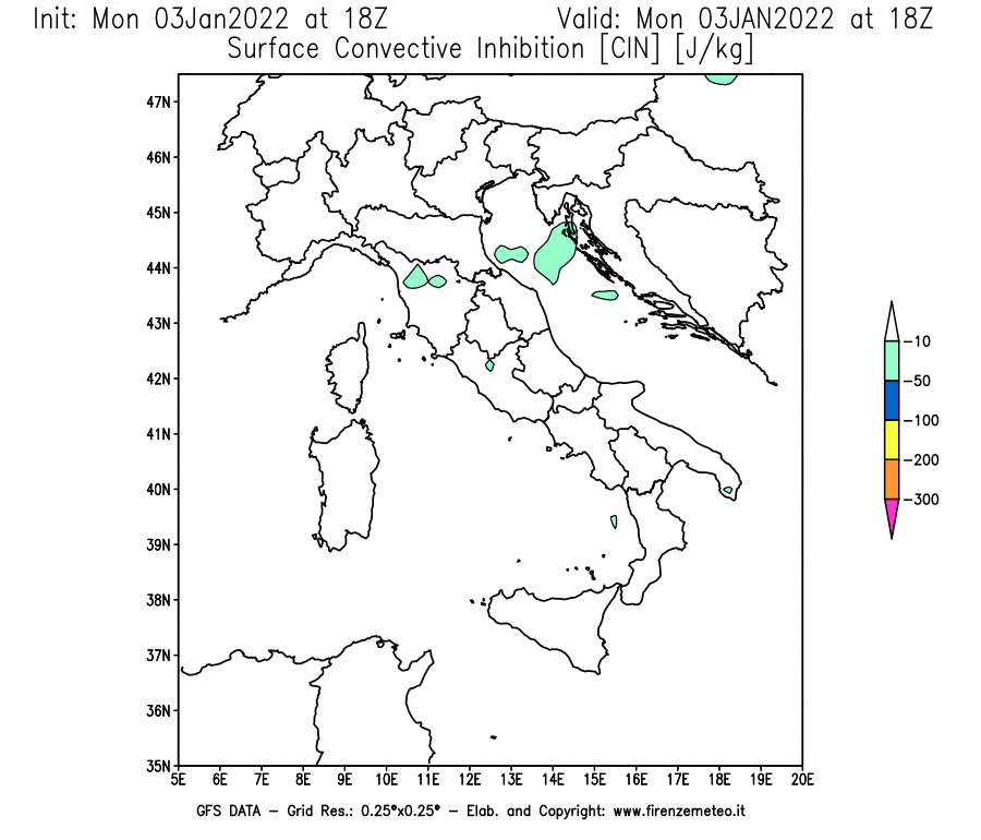 Mappa di analisi GFS - CIN [J/kg] in Italia
							del 03/01/2022 18 <!--googleoff: index-->UTC<!--googleon: index-->