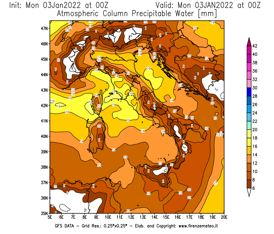 Mappa di analisi GFS - Precipitable Water [mm] in Italia
							del 03/01/2022 00 <!--googleoff: index-->UTC<!--googleon: index-->
