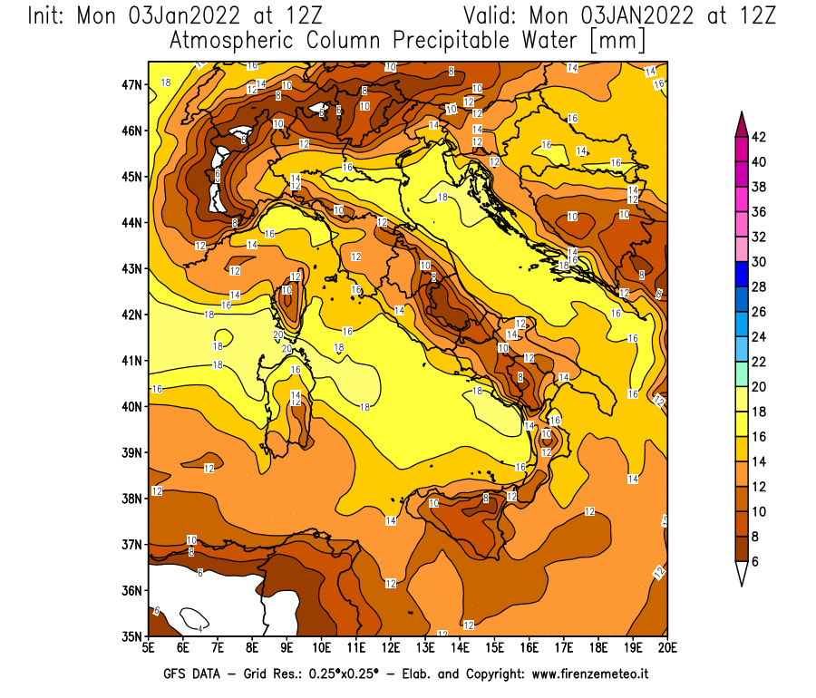 Mappa di analisi GFS - Precipitable Water [mm] in Italia
							del 03/01/2022 12 <!--googleoff: index-->UTC<!--googleon: index-->