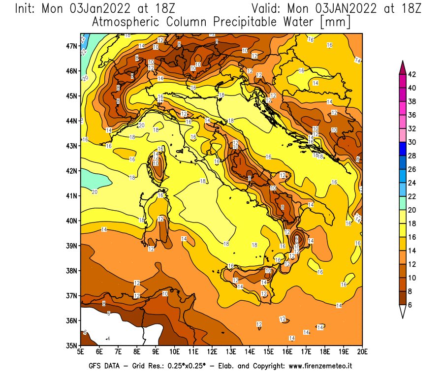 Mappa di analisi GFS - Precipitable Water [mm] in Italia
							del 03/01/2022 18 <!--googleoff: index-->UTC<!--googleon: index-->