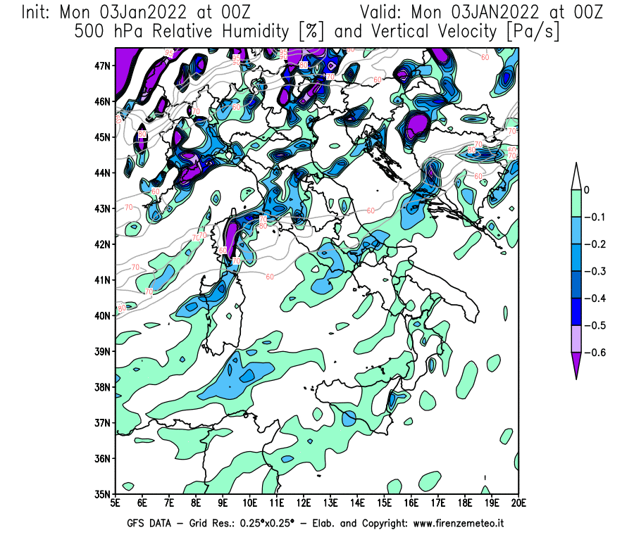 Mappa di analisi GFS - Umidità relativa [%] e Omega [Pa/s] a 500 hPa in Italia
							del 03/01/2022 00 <!--googleoff: index-->UTC<!--googleon: index-->
