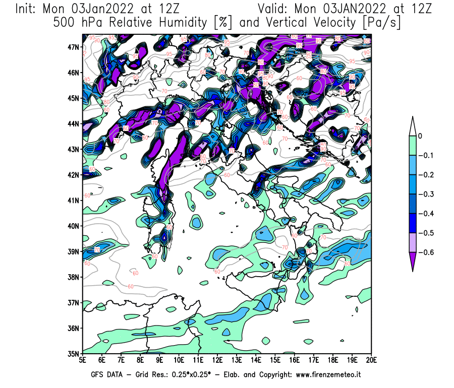 Mappa di analisi GFS - Umidità relativa [%] e Omega [Pa/s] a 500 hPa in Italia
							del 03/01/2022 12 <!--googleoff: index-->UTC<!--googleon: index-->