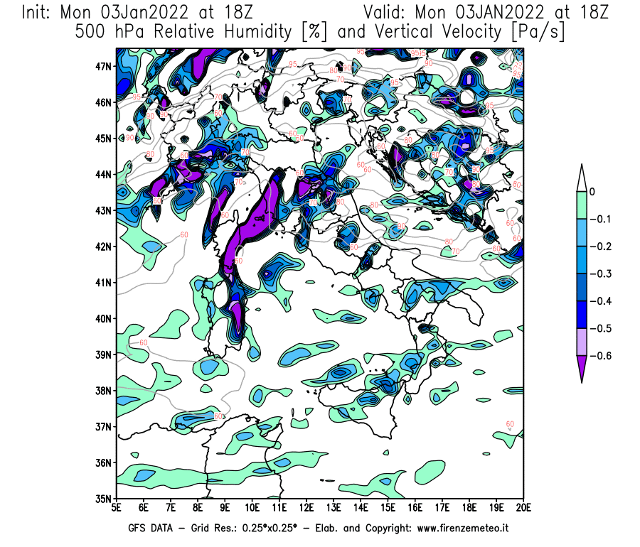 Mappa di analisi GFS - Umidità relativa [%] e Omega [Pa/s] a 500 hPa in Italia
							del 03/01/2022 18 <!--googleoff: index-->UTC<!--googleon: index-->