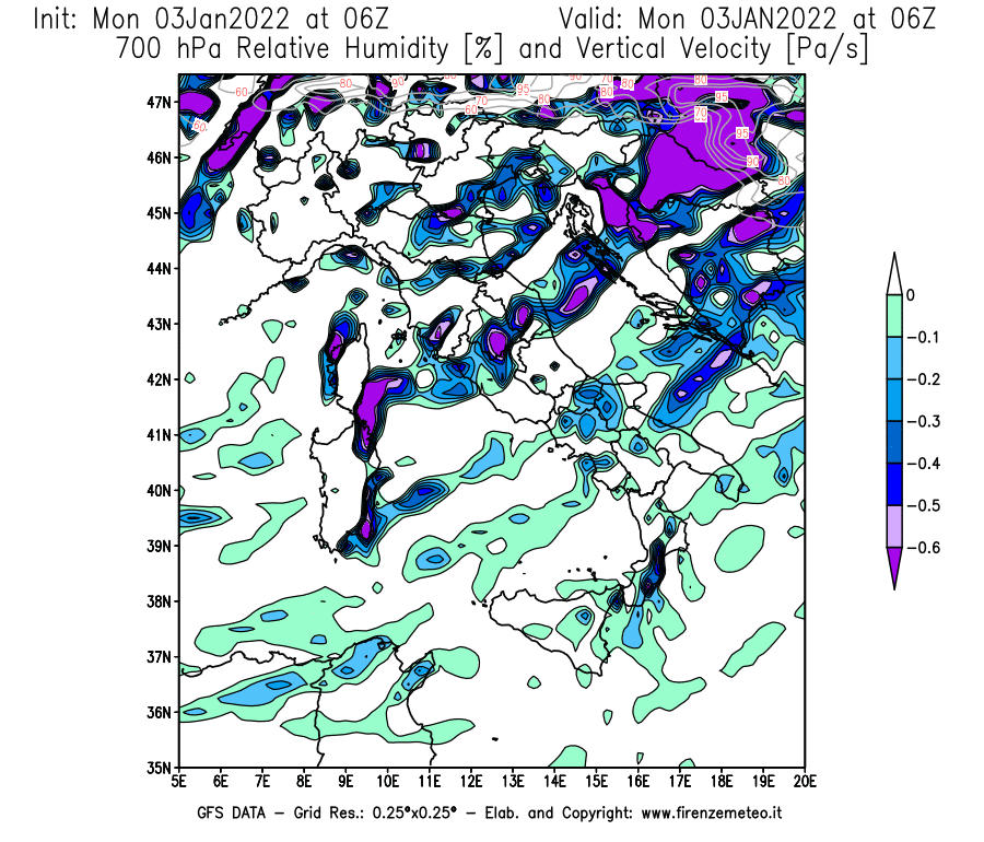 Mappa di analisi GFS - Umidità relativa [%] e Omega [Pa/s] a 700 hPa in Italia
							del 03/01/2022 06 <!--googleoff: index-->UTC<!--googleon: index-->
