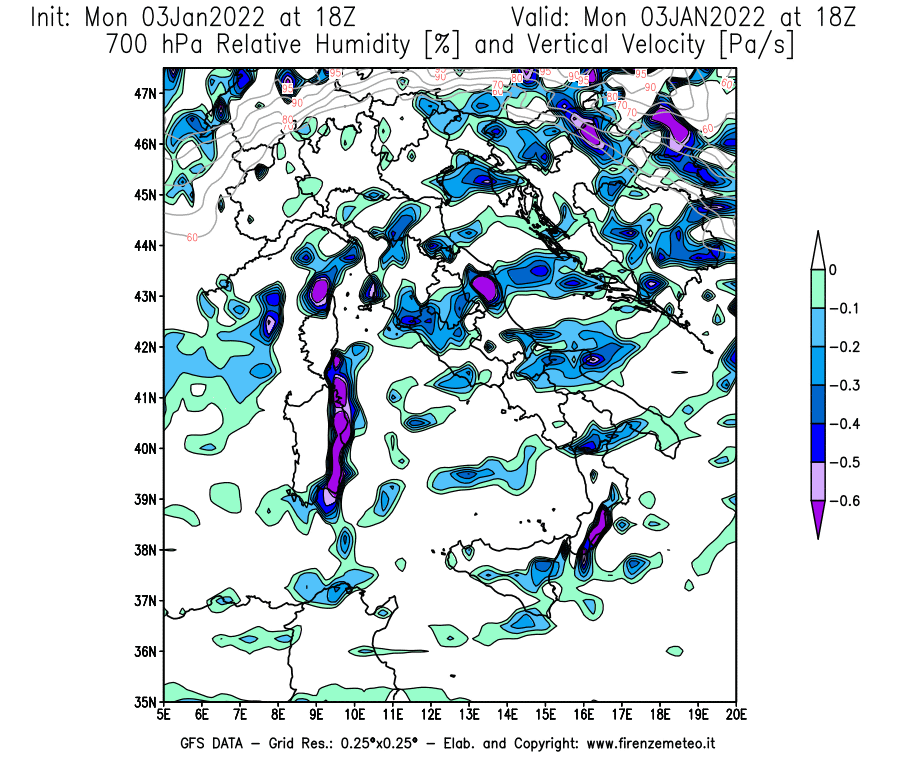 Mappa di analisi GFS - Umidità relativa [%] e Omega [Pa/s] a 700 hPa in Italia
							del 03/01/2022 18 <!--googleoff: index-->UTC<!--googleon: index-->