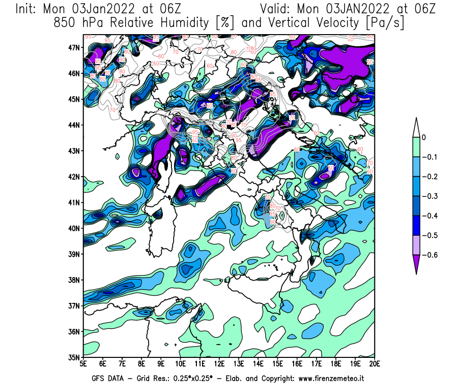 Mappa di analisi GFS - Umidità relativa [%] e Omega [Pa/s] a 850 hPa in Italia
							del 03/01/2022 06 <!--googleoff: index-->UTC<!--googleon: index-->