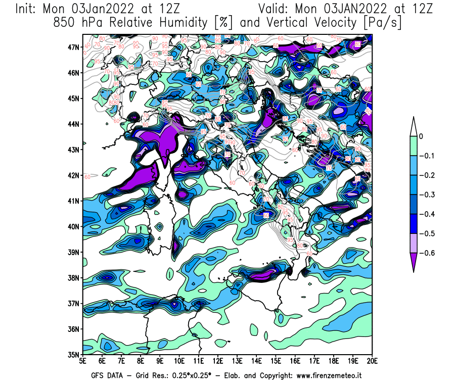 Mappa di analisi GFS - Umidità relativa [%] e Omega [Pa/s] a 850 hPa in Italia
							del 03/01/2022 12 <!--googleoff: index-->UTC<!--googleon: index-->