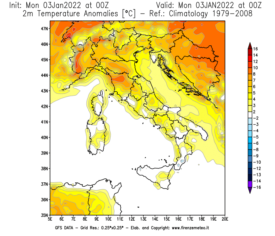 Mappa di analisi GFS - Anomalia Temperatura [°C] a 2 m in Italia
							del 03/01/2022 00 <!--googleoff: index-->UTC<!--googleon: index-->