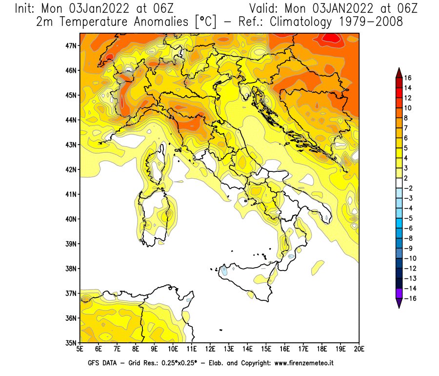 Mappa di analisi GFS - Anomalia Temperatura [°C] a 2 m in Italia
							del 03/01/2022 06 <!--googleoff: index-->UTC<!--googleon: index-->