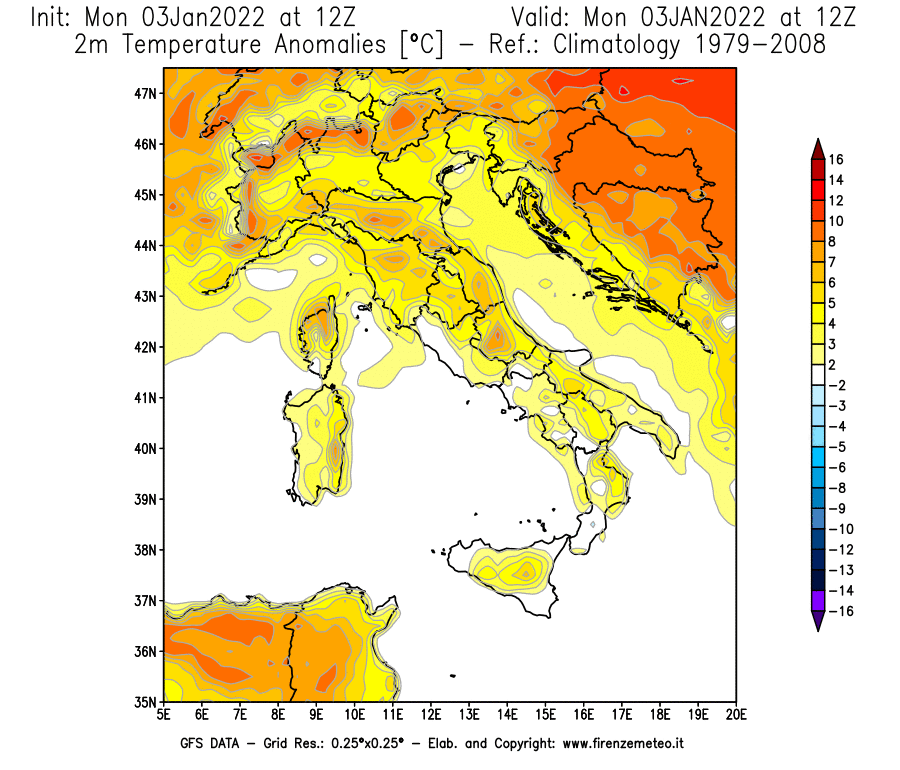 Mappa di analisi GFS - Anomalia Temperatura [°C] a 2 m in Italia
							del 03/01/2022 12 <!--googleoff: index-->UTC<!--googleon: index-->