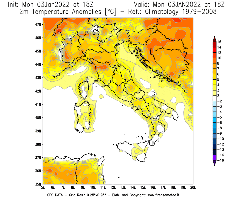Mappa di analisi GFS - Anomalia Temperatura [°C] a 2 m in Italia
							del 03/01/2022 18 <!--googleoff: index-->UTC<!--googleon: index-->