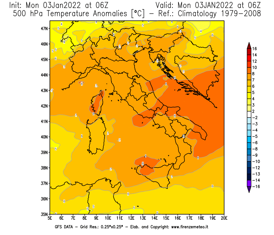 Mappa di analisi GFS - Anomalia Temperatura [°C] a 500 hPa in Italia
							del 03/01/2022 06 <!--googleoff: index-->UTC<!--googleon: index-->