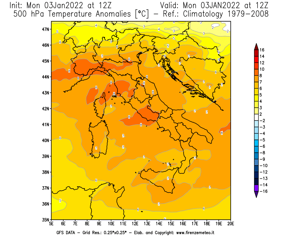 Mappa di analisi GFS - Anomalia Temperatura [°C] a 500 hPa in Italia
							del 03/01/2022 12 <!--googleoff: index-->UTC<!--googleon: index-->