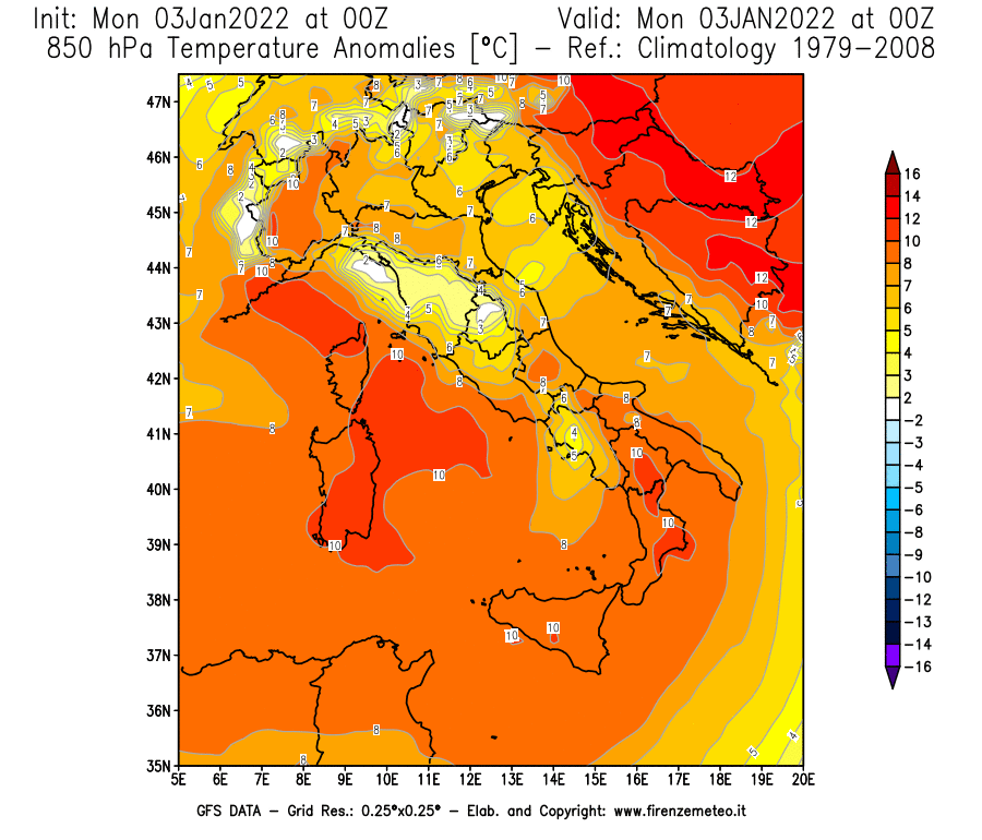 Mappa di analisi GFS - Anomalia Temperatura [°C] a 850 hPa in Italia
							del 03/01/2022 00 <!--googleoff: index-->UTC<!--googleon: index-->