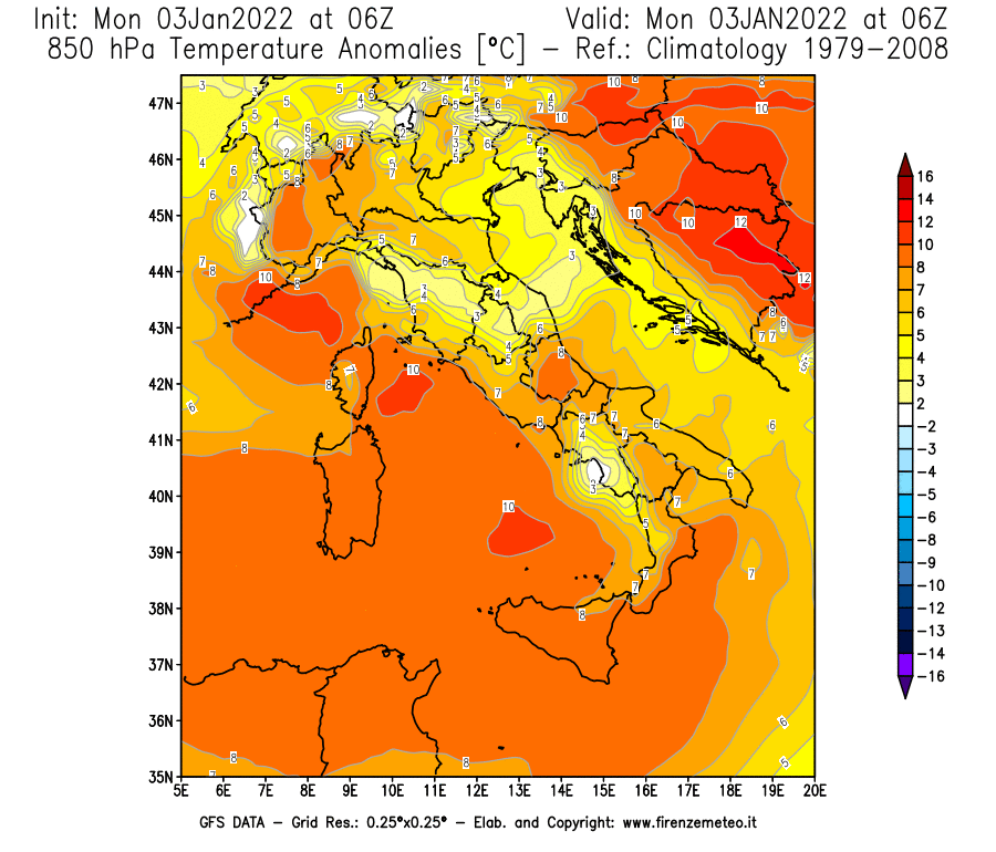 Mappa di analisi GFS - Anomalia Temperatura [°C] a 850 hPa in Italia
							del 03/01/2022 06 <!--googleoff: index-->UTC<!--googleon: index-->