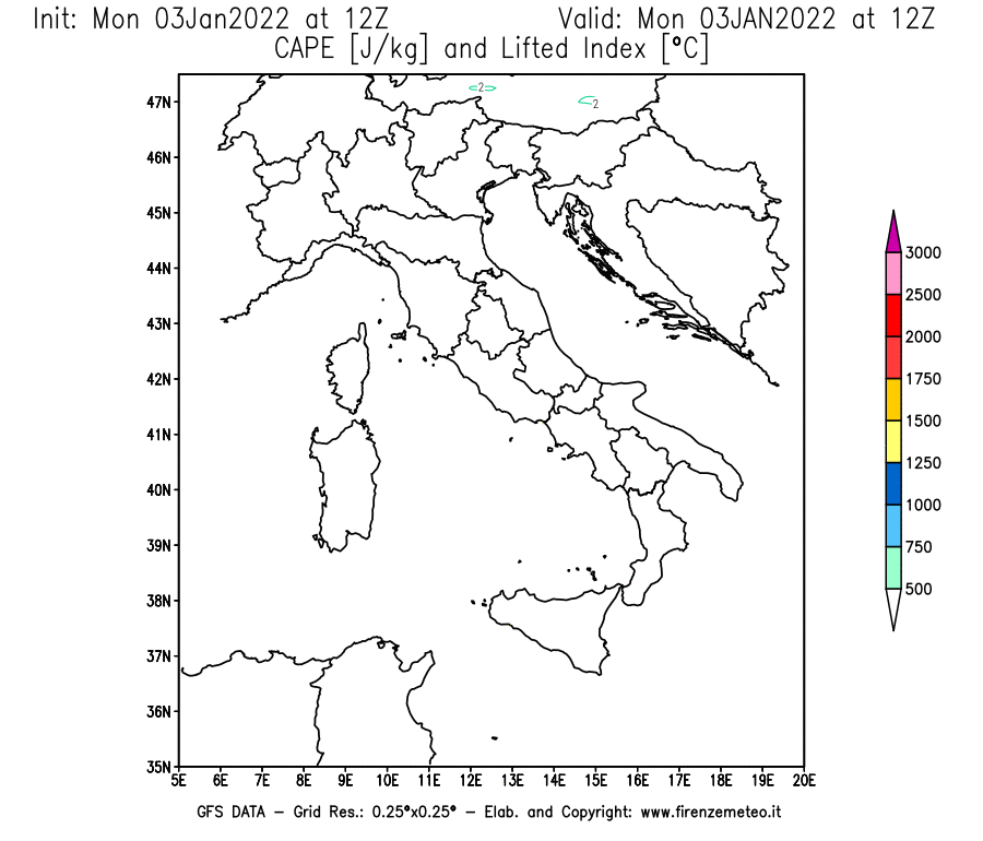 Mappa di analisi GFS - CAPE [J/kg] e Lifted Index [°C] in Italia
							del 03/01/2022 12 <!--googleoff: index-->UTC<!--googleon: index-->