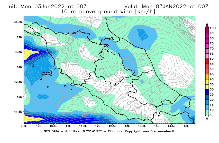Mappa di analisi GFS - Velocità del vento a 10 metri dal suolo [km/h] in Centro-Italia
							del 03/01/2022 00 <!--googleoff: index-->UTC<!--googleon: index-->