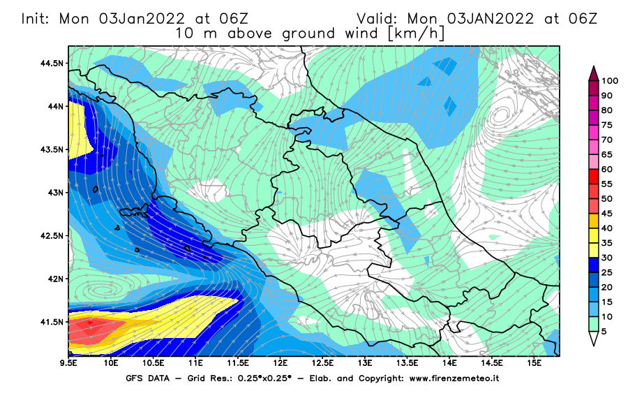 Mappa di analisi GFS - Velocità del vento a 10 metri dal suolo [km/h] in Centro-Italia
							del 03/01/2022 06 <!--googleoff: index-->UTC<!--googleon: index-->